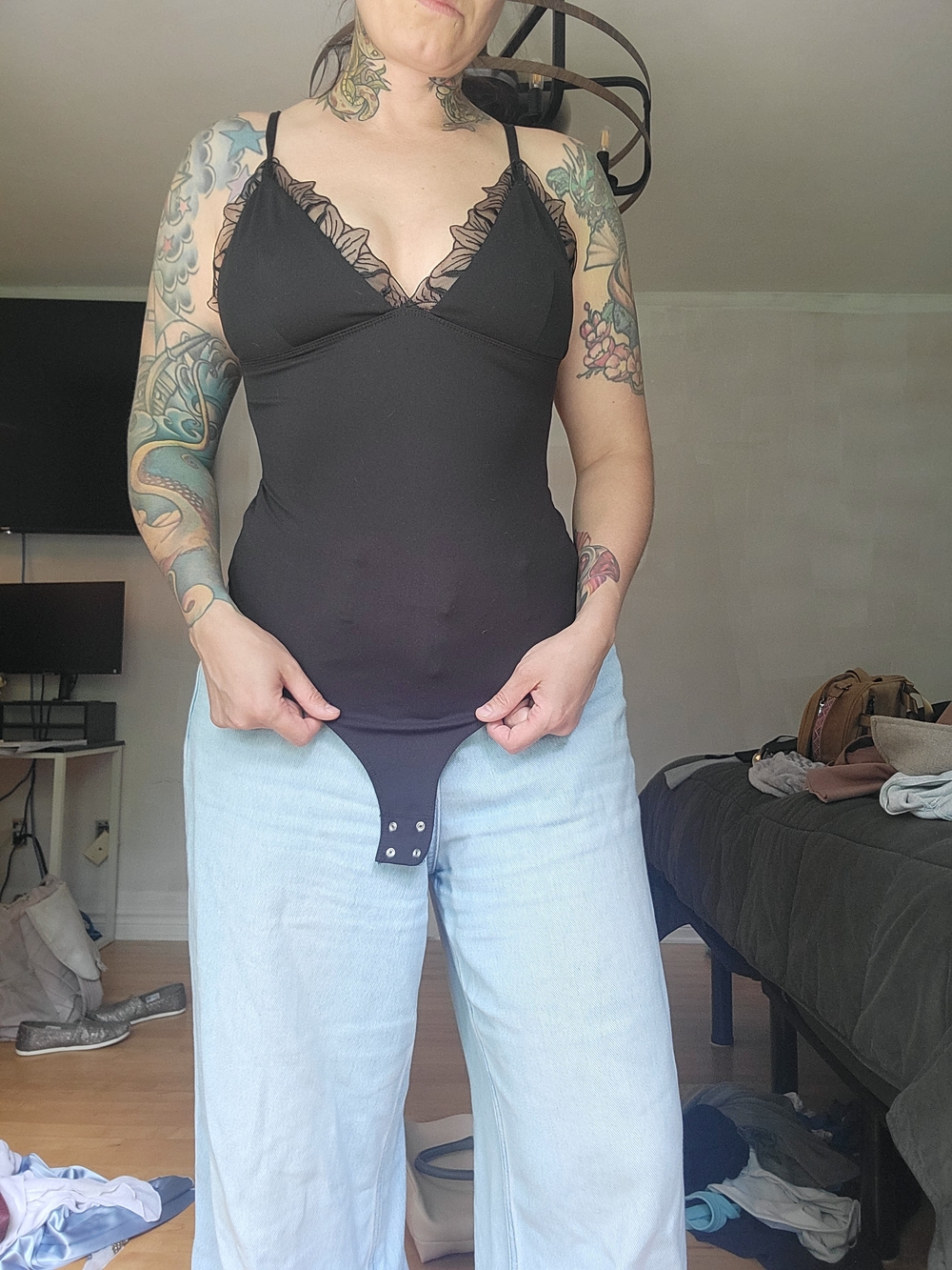 Black Lace-Trim Bodysuit Tank Top - Women